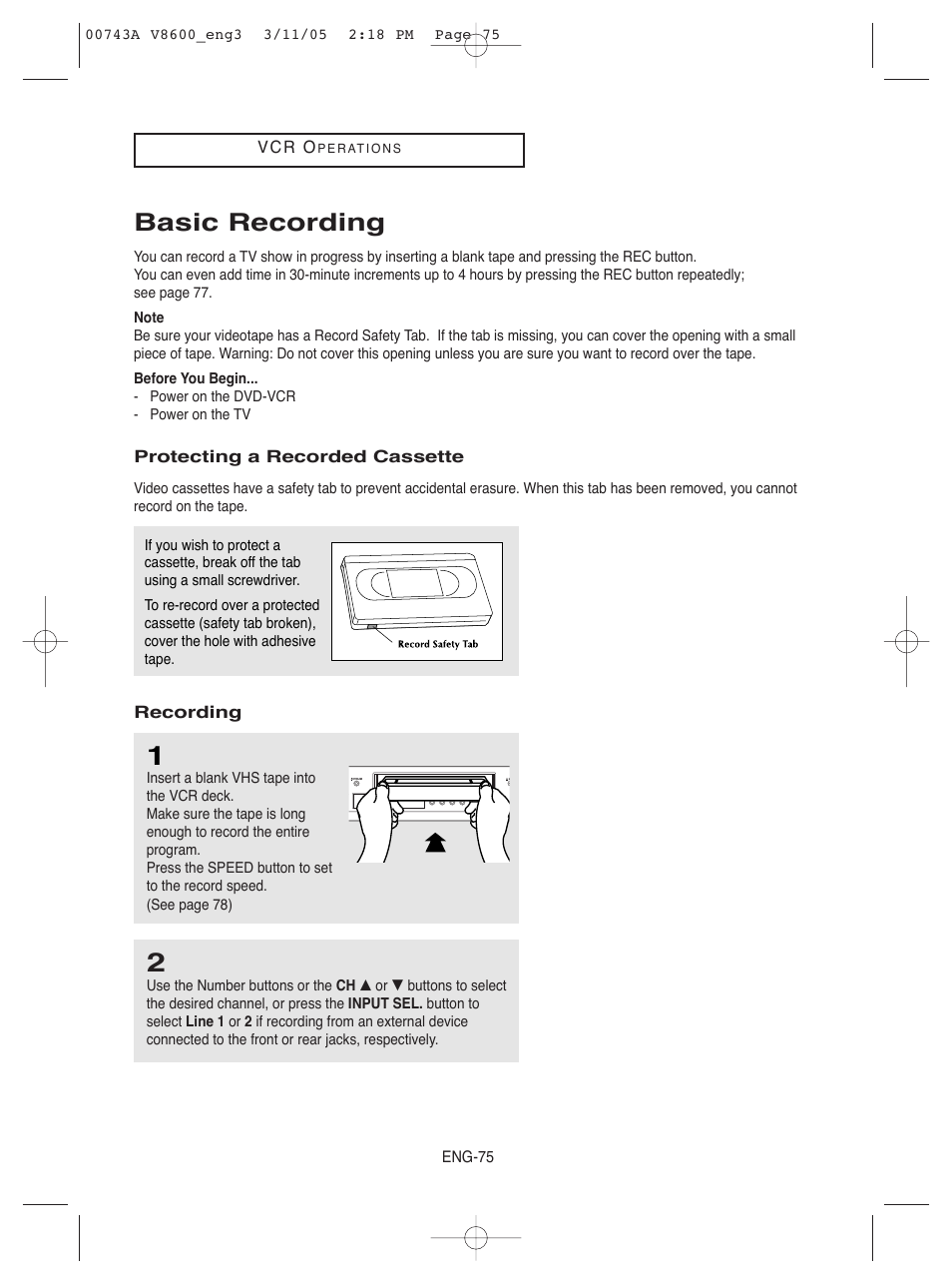 Basic recording | Samsung DVD-V8600 User Manual | Page 75 / 87