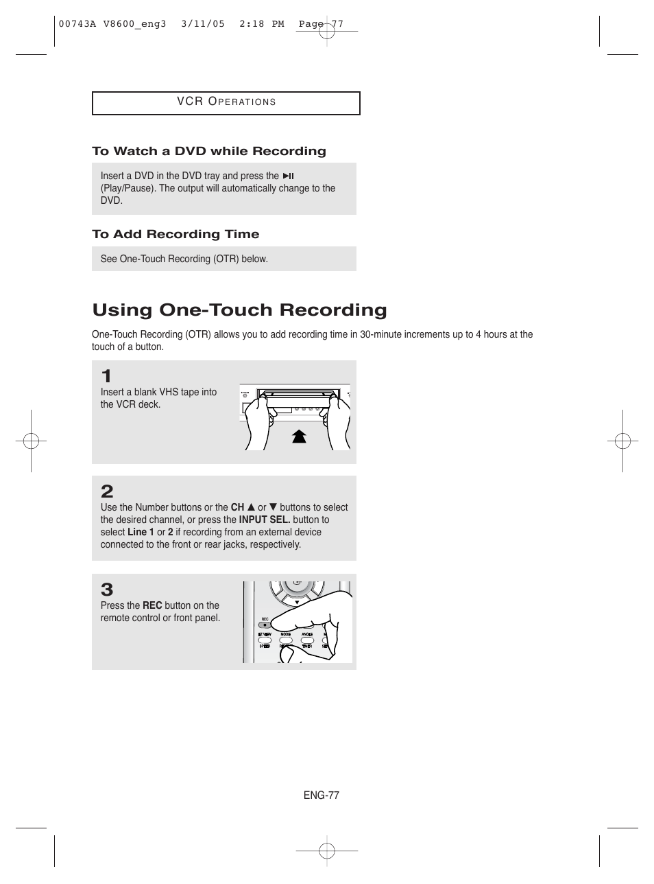 Using one-touch recording | Samsung DVD-V8600 User Manual | Page 77 / 87