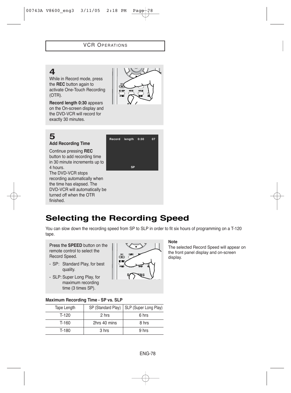 Selecting the recording speed | Samsung DVD-V8600 User Manual | Page 78 / 87