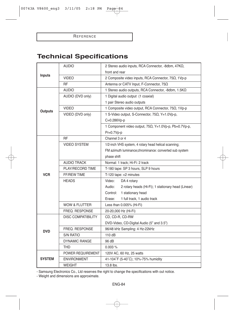 Technical specifications | Samsung DVD-V8600 User Manual | Page 84 / 87