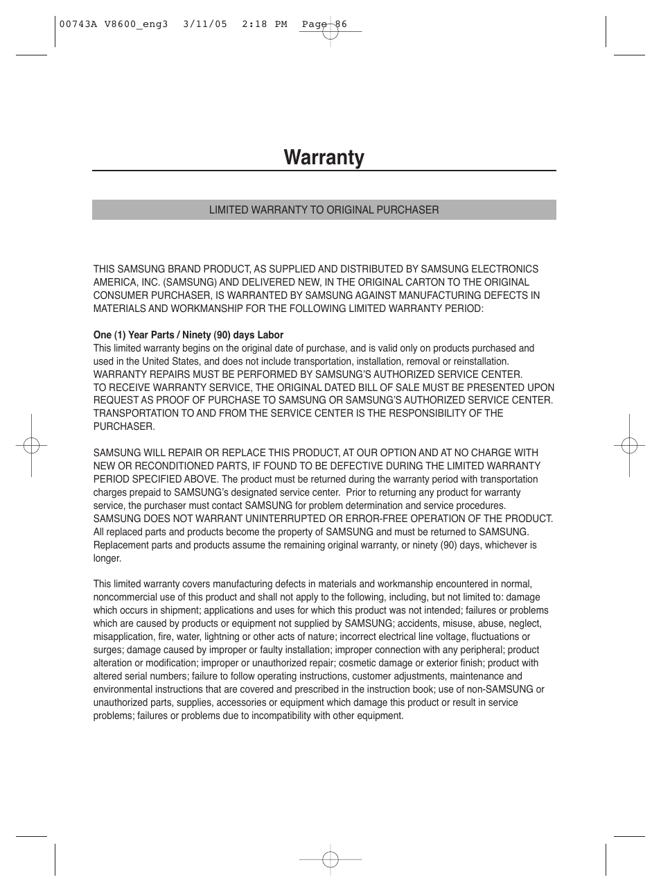 Warranty | Samsung DVD-V8600 User Manual | Page 86 / 87