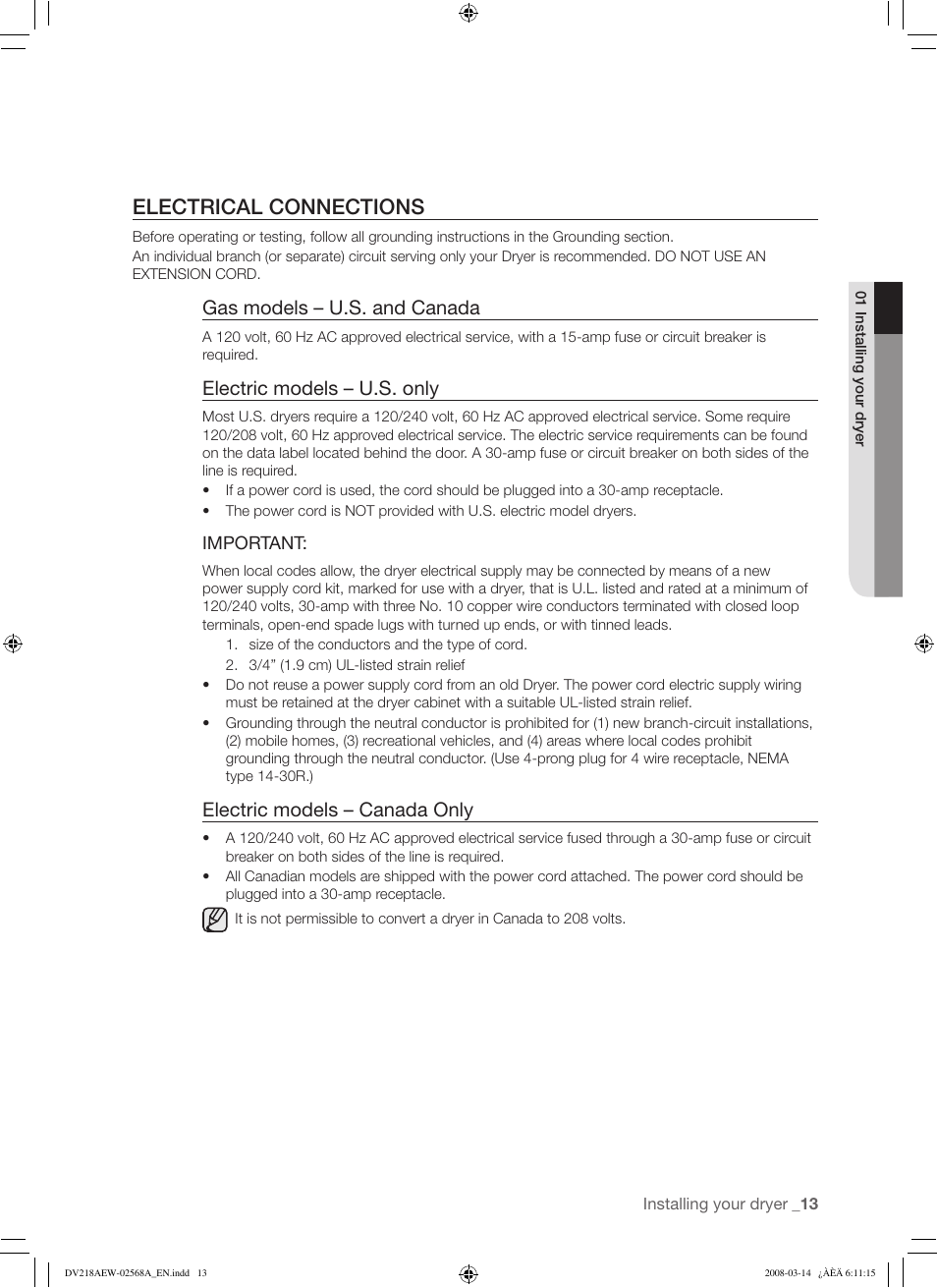 Electrical connections, Gas models – u.s. and canada, Electric models – u.s. only | Electric models – canada only | Samsung DV218AG User Manual | Page 13 / 36