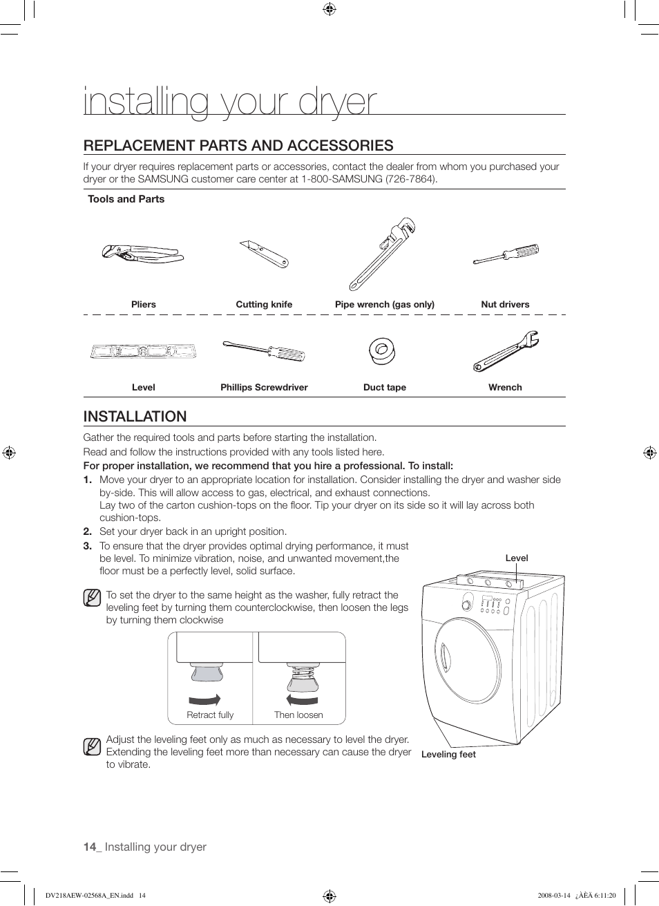 Installing your dryer, Replacement parts and accessories, Installation | Samsung DV218AG User Manual | Page 14 / 36