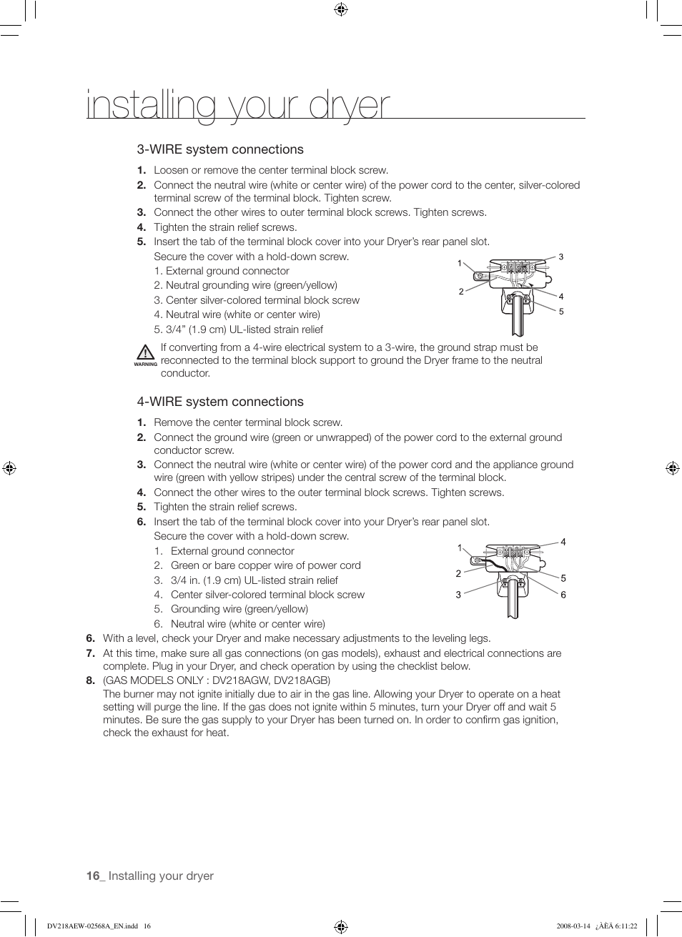 Installing your dryer | Samsung DV218AG User Manual | Page 16 / 36