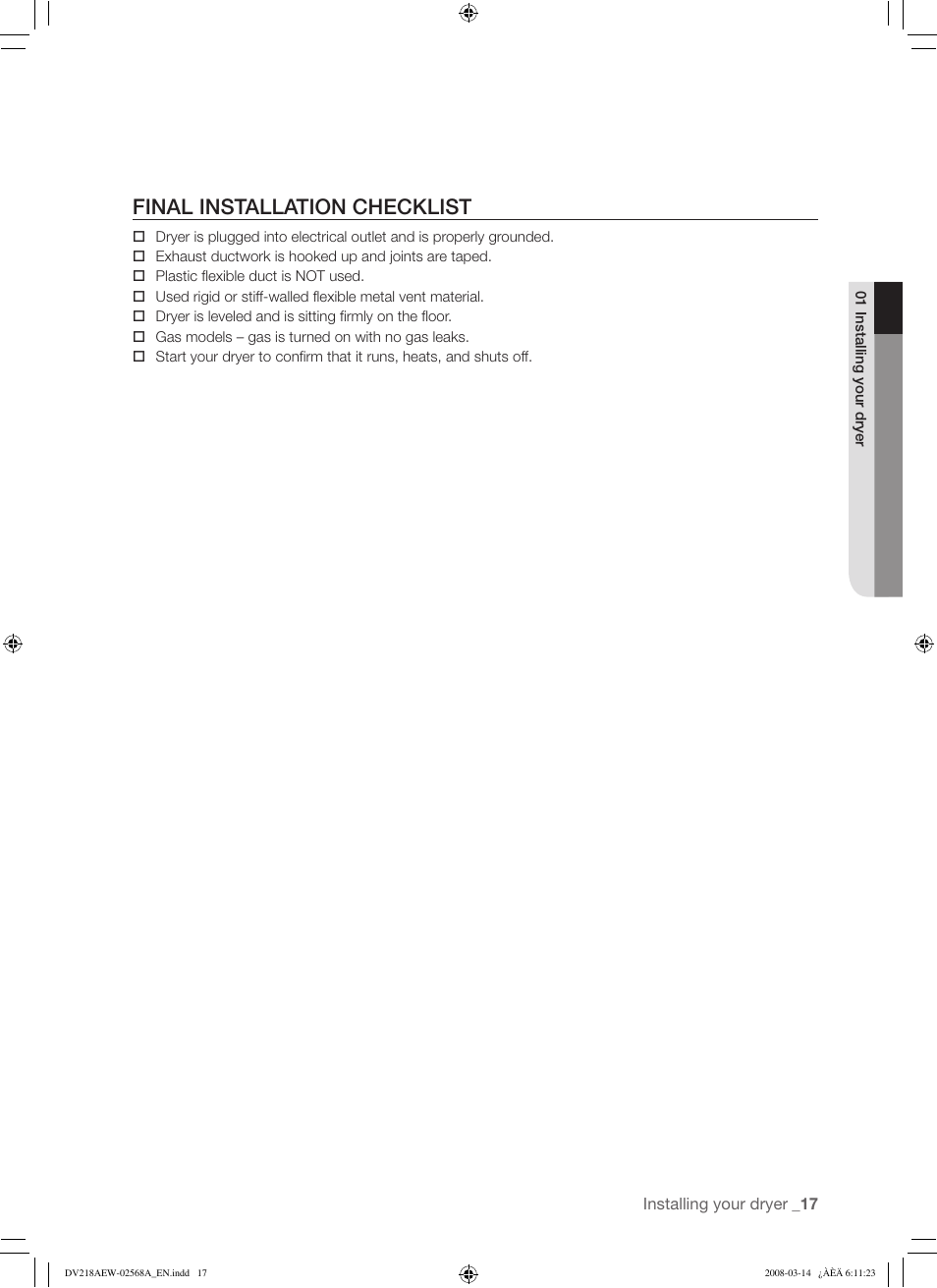 Final installation checklist | Samsung DV218AG User Manual | Page 17 / 36