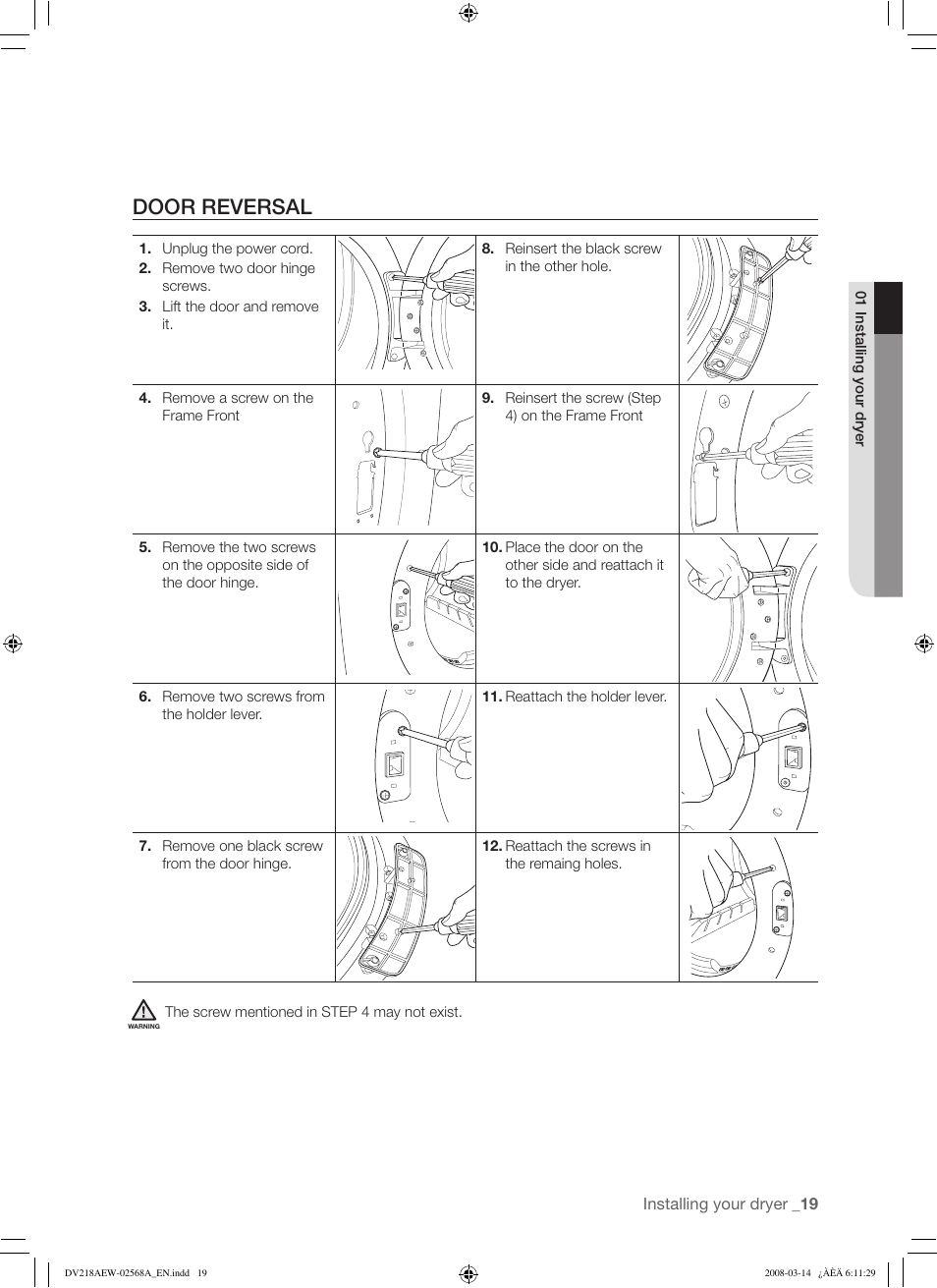 Door reversal | Samsung DV218AG User Manual | Page 19 / 36