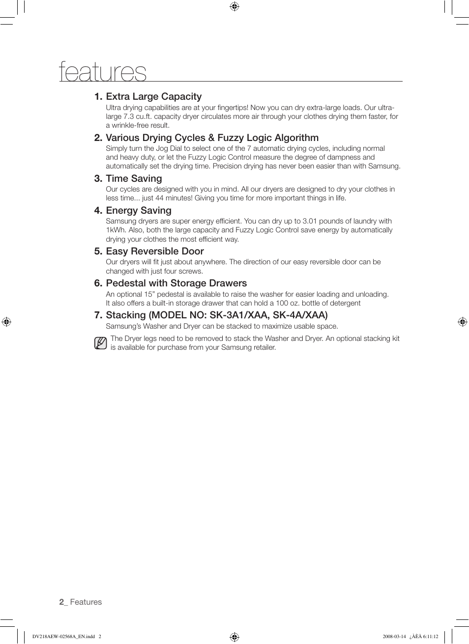 Features | Samsung DV218AG User Manual | Page 2 / 36