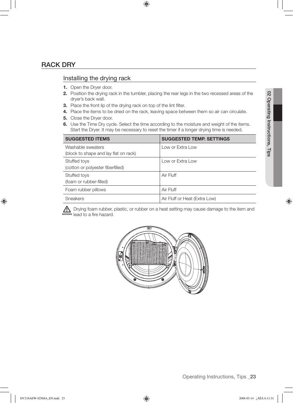 Rack dry, Installing the drying rack | Samsung DV218AG User Manual | Page 23 / 36