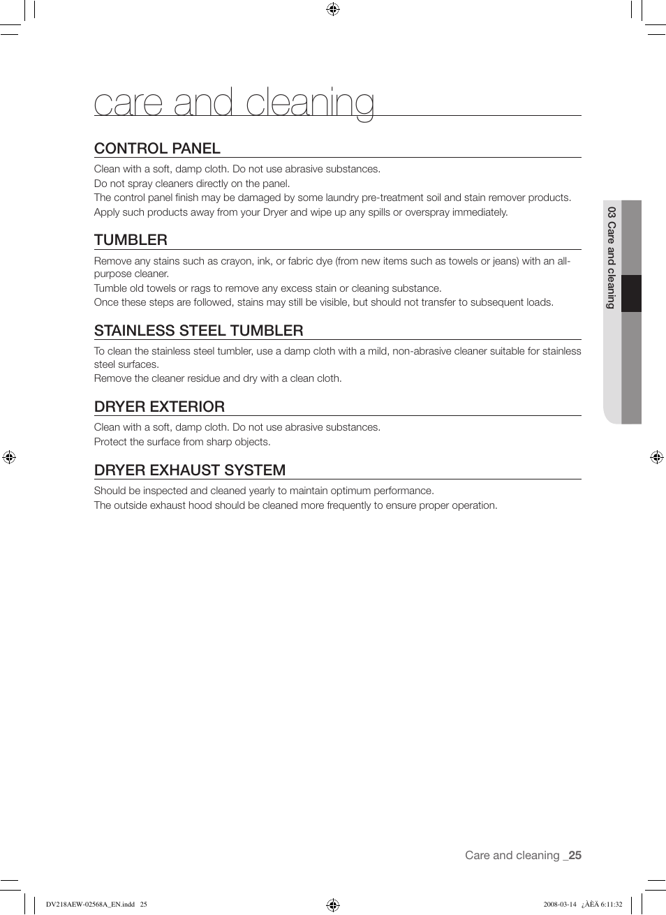 Care and cleaning | Samsung DV218AG User Manual | Page 25 / 36