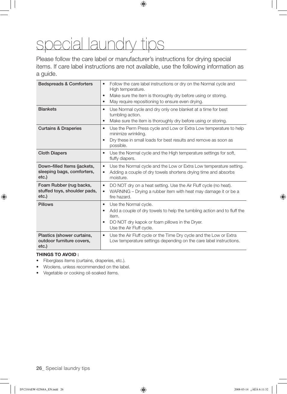 Special laundry tips | Samsung DV218AG User Manual | Page 26 / 36