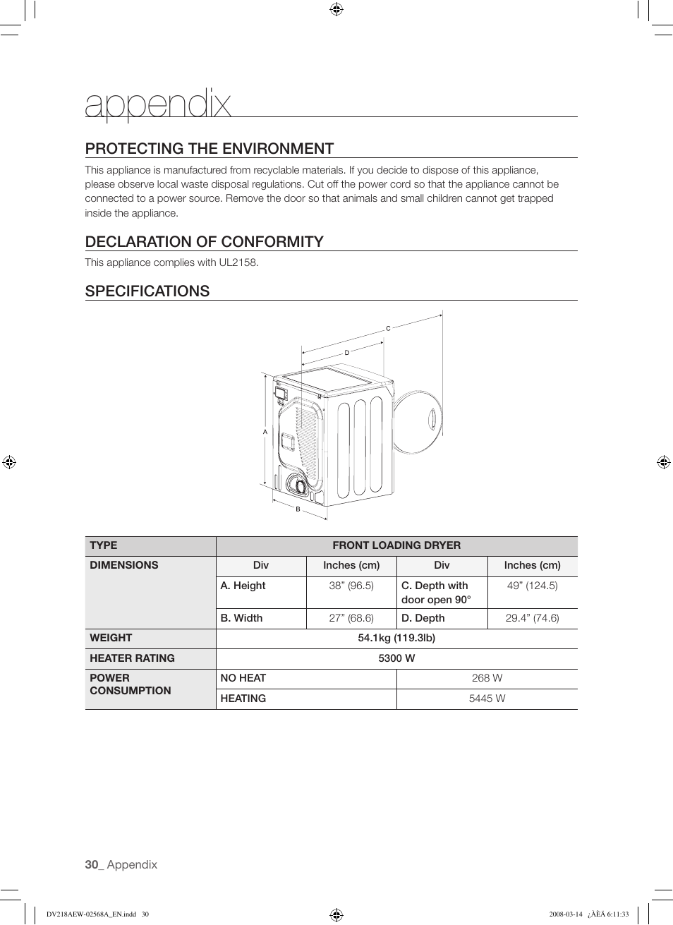 Appendix, Protecting the environment, Declaration of conformity | Specifications | Samsung DV218AG User Manual | Page 30 / 36