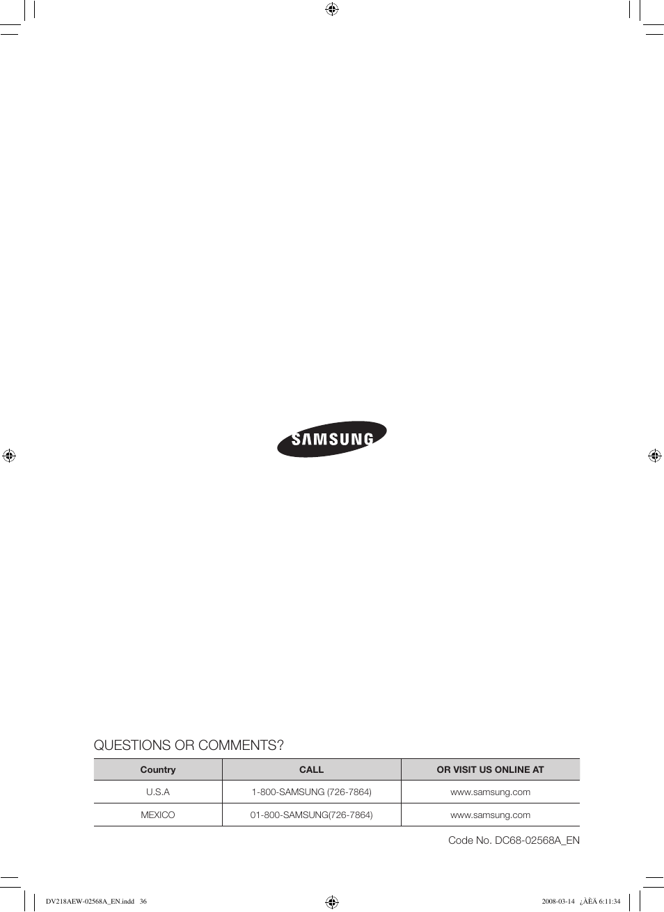 Questions or comments | Samsung DV218AG User Manual | Page 36 / 36