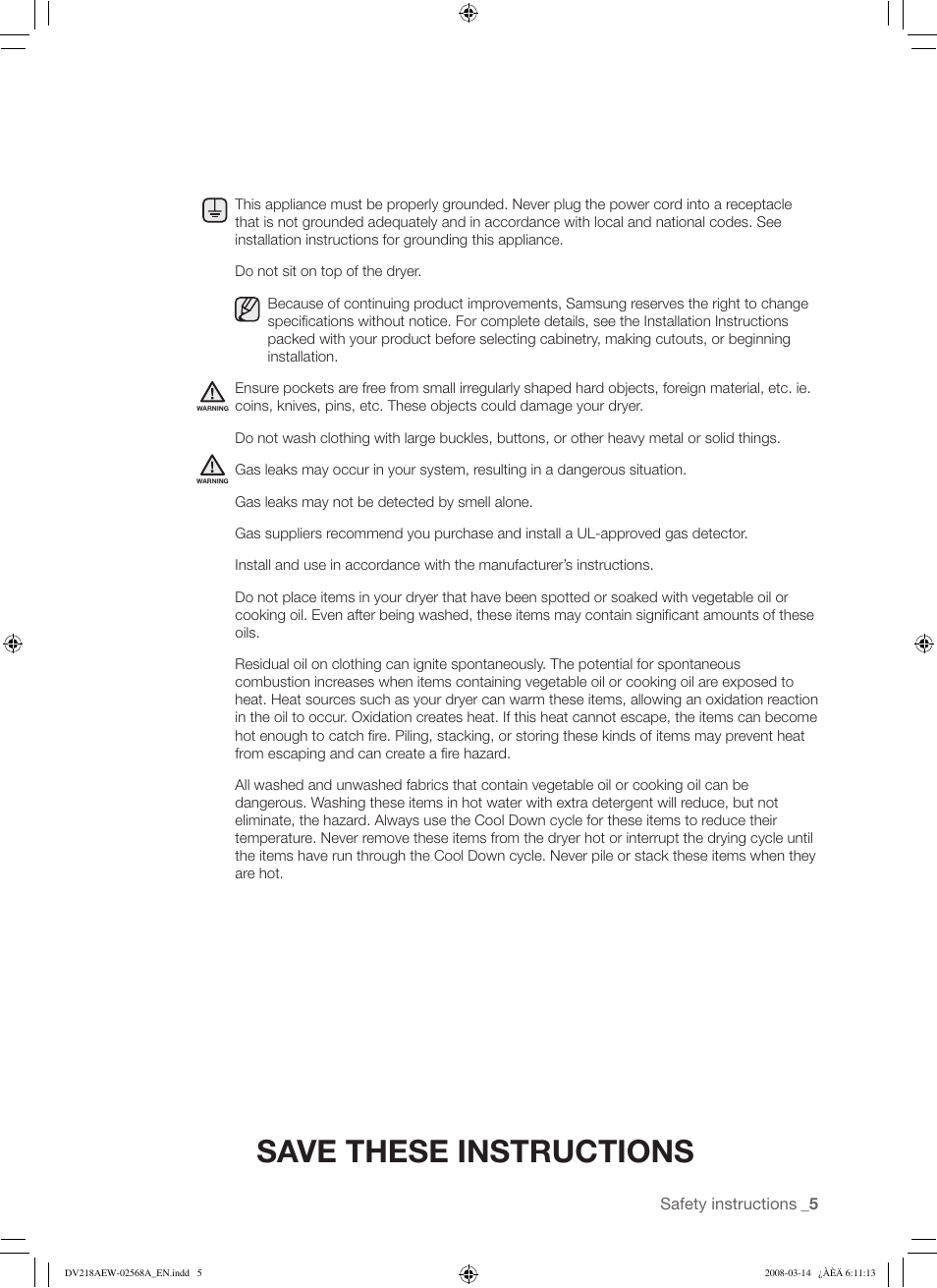 Save these instructions | Samsung DV218AG User Manual | Page 5 / 36