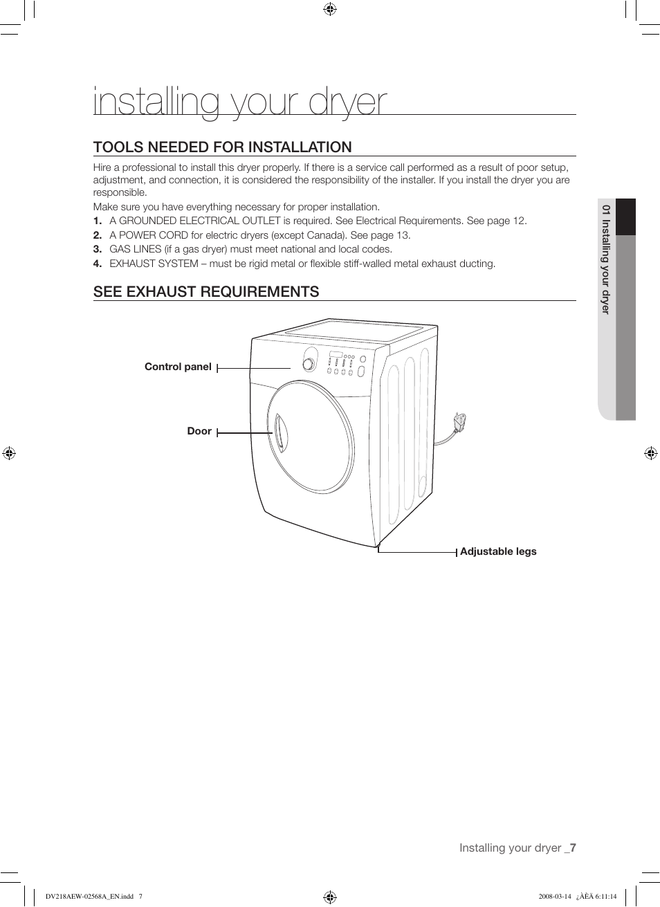 Installing your dryer | Samsung DV218AG User Manual | Page 7 / 36