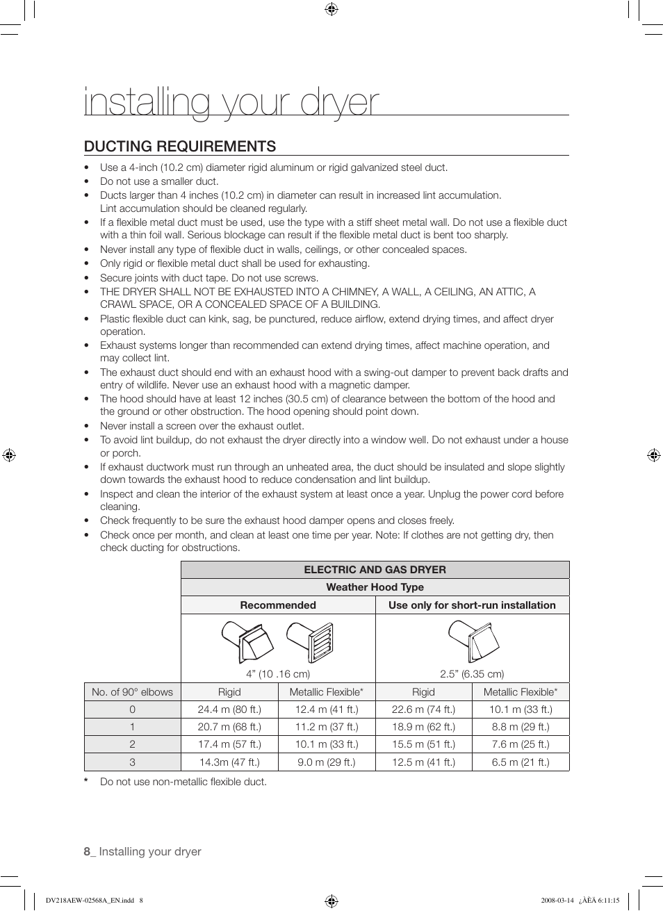 Installing your dryer, Ducting requirements | Samsung DV218AG User Manual | Page 8 / 36