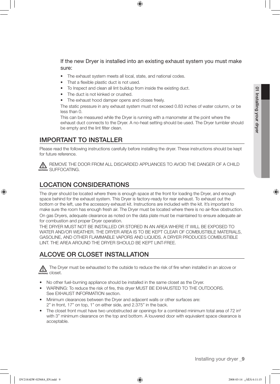 Important to installer, Location considerations, Alcove or closet installation | Samsung DV218AG User Manual | Page 9 / 36