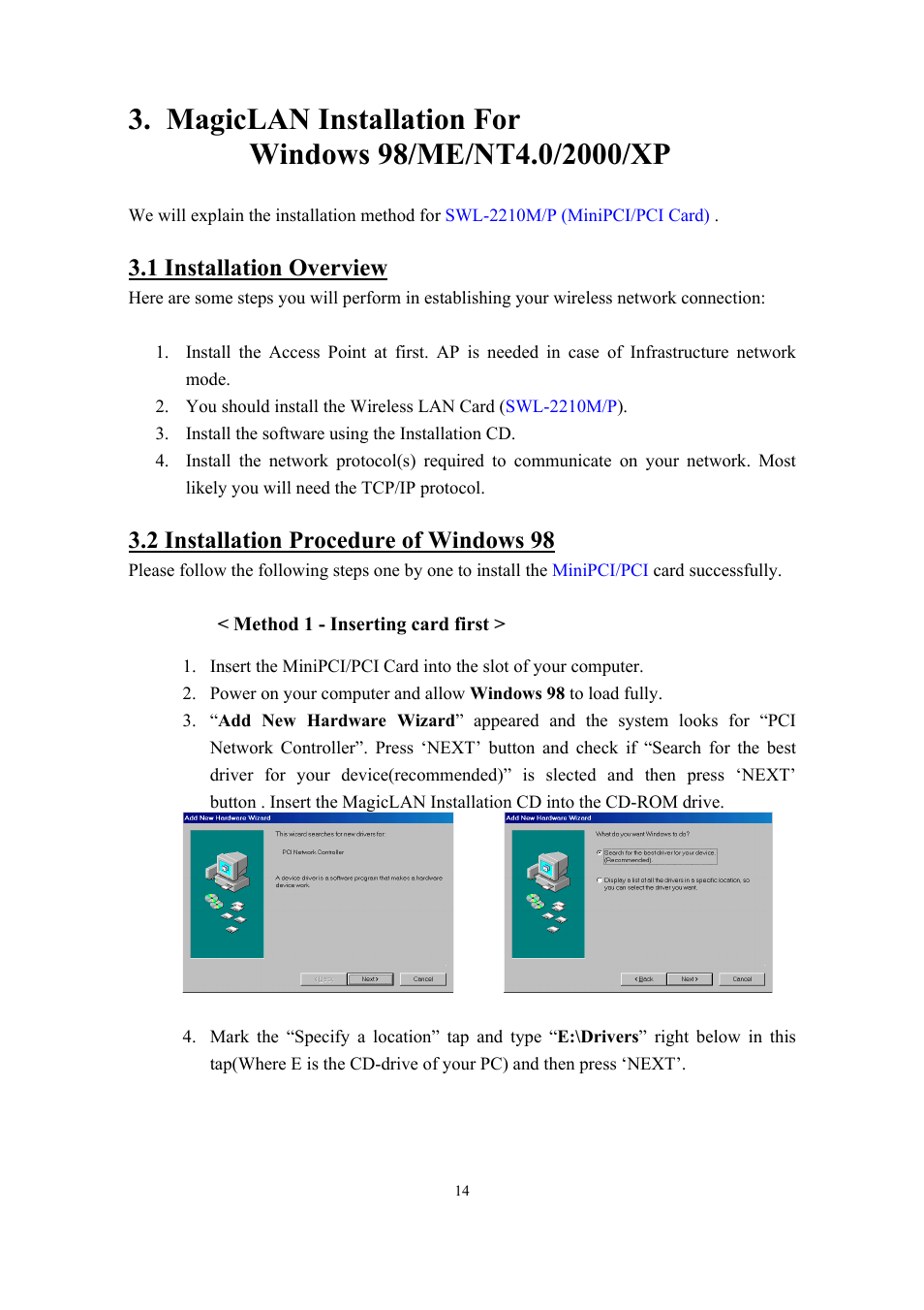 1 installation overview, 2 installation procedure of windows 98 | Samsung SWL-2210M User Manual | Page 14 / 67