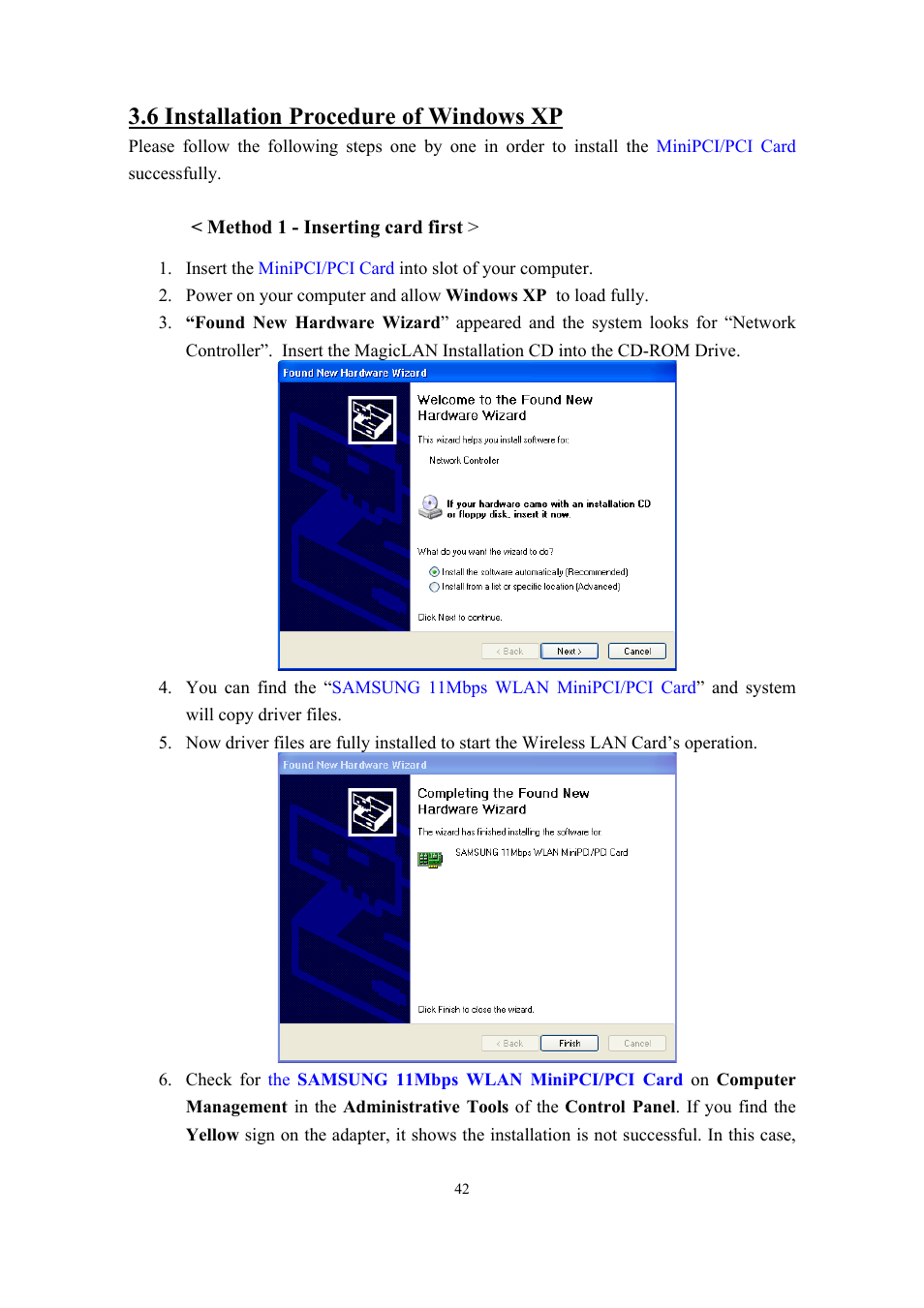 6 installation procedure of windows xp | Samsung SWL-2210M User Manual | Page 42 / 67