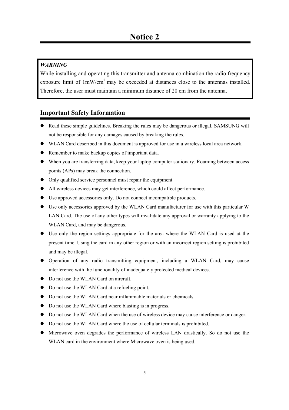 Notice 2, Important safety information | Samsung SWL-2210M User Manual | Page 5 / 67