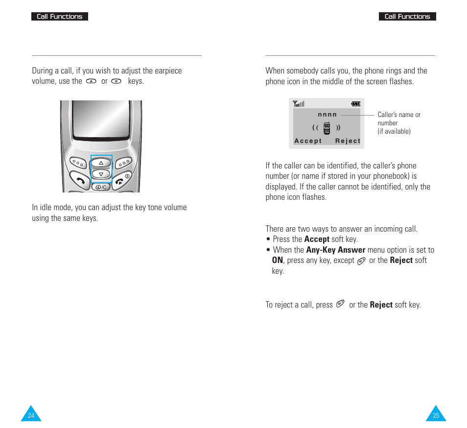 Answering or rejecting a call, Adjusting the volume, Answering a call | Rejecting a call | Samsung SGH-R220 User Manual | Page 13 / 72