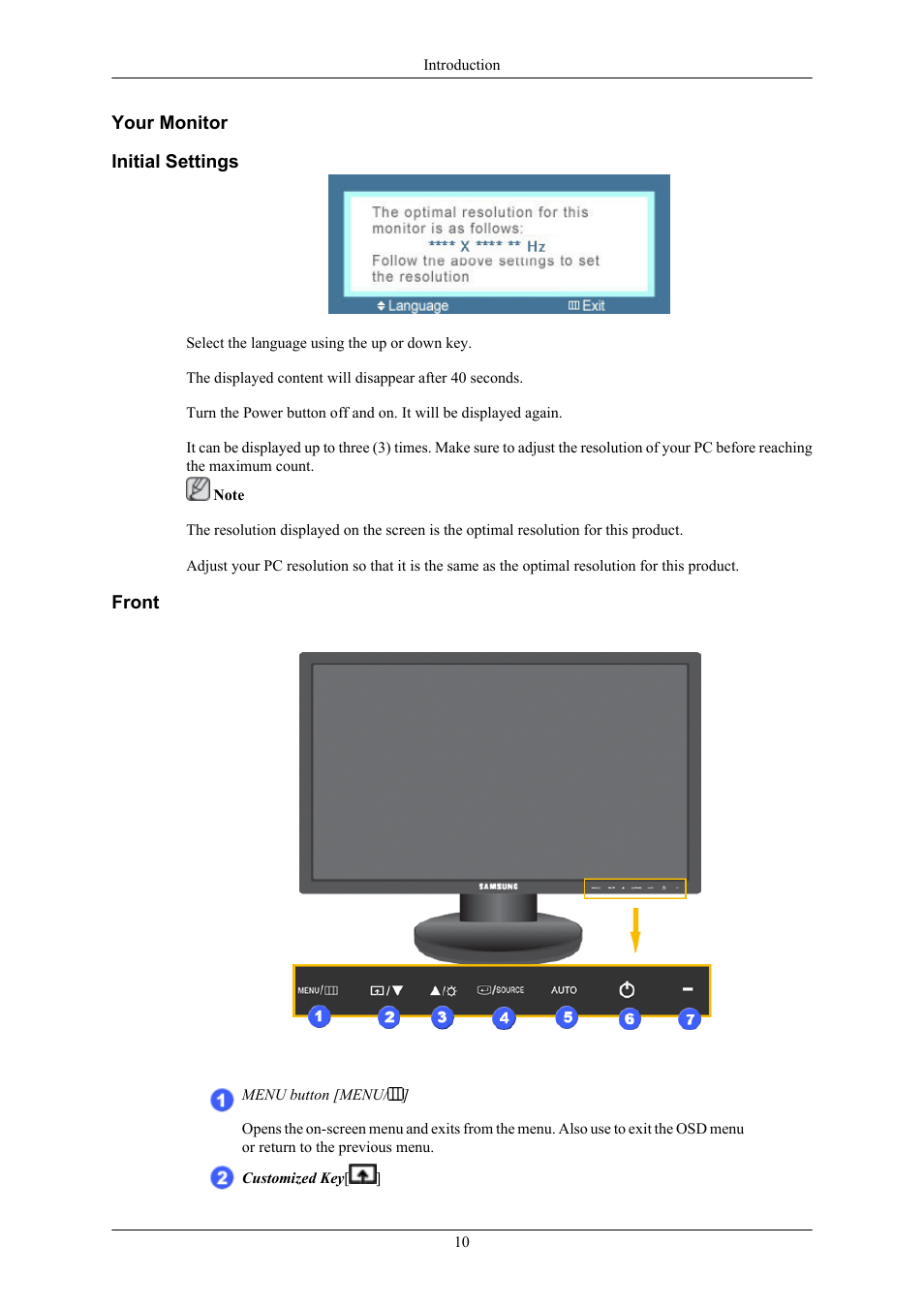 Your monitor, Initial settings, Front | Samsung 2443BWX User Manual | Page 11 / 74