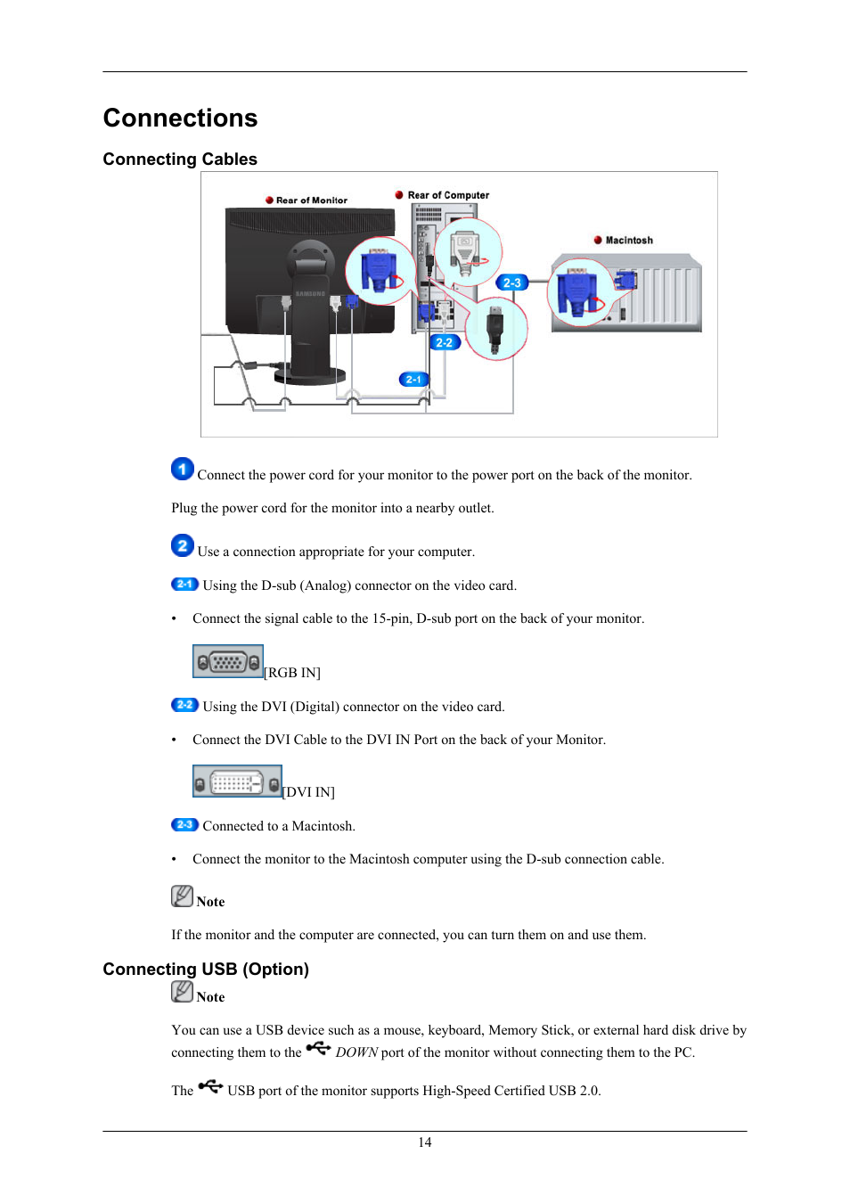 Connections, Connecting cables, Connecting usb (option) | Samsung 2443BWX User Manual | Page 15 / 74