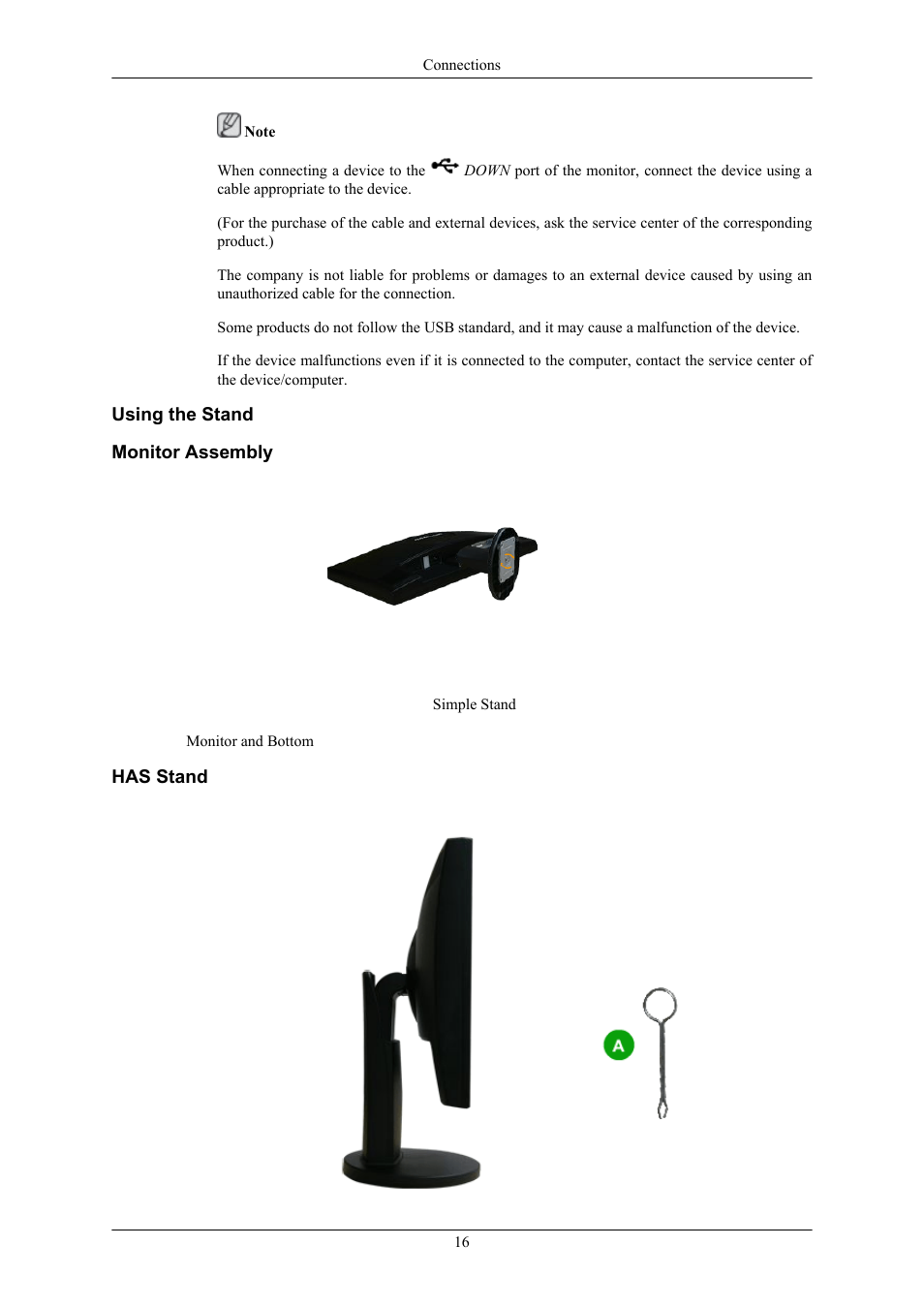 Using the stand, Monitor assembly, Has stand | Samsung 2443BWX User Manual | Page 17 / 74