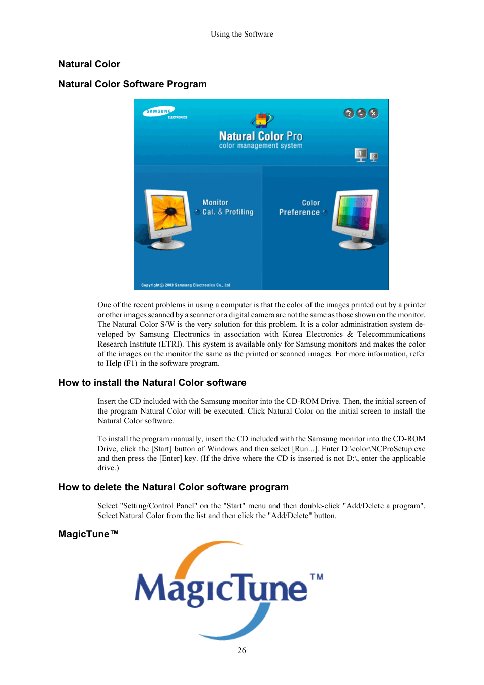 Natural color, Natural color software program, How to install the natural color software | How to delete the natural color software program, Magictune | Samsung 2443BWX User Manual | Page 27 / 74