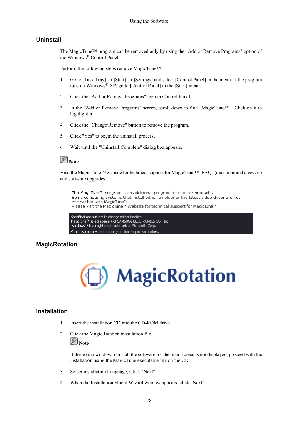 Uninstall, Magicrotation, Installation | Samsung 2443BWX User Manual | Page 29 / 74