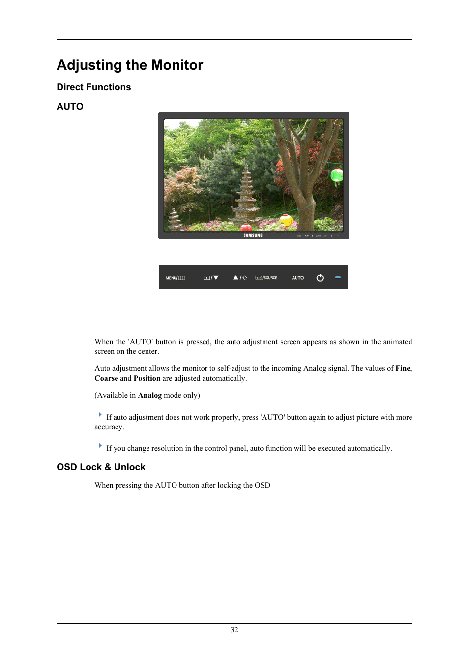 Adjusting the monitor, Direct functions, Auto | Osd lock & unlock | Samsung 2443BWX User Manual | Page 33 / 74