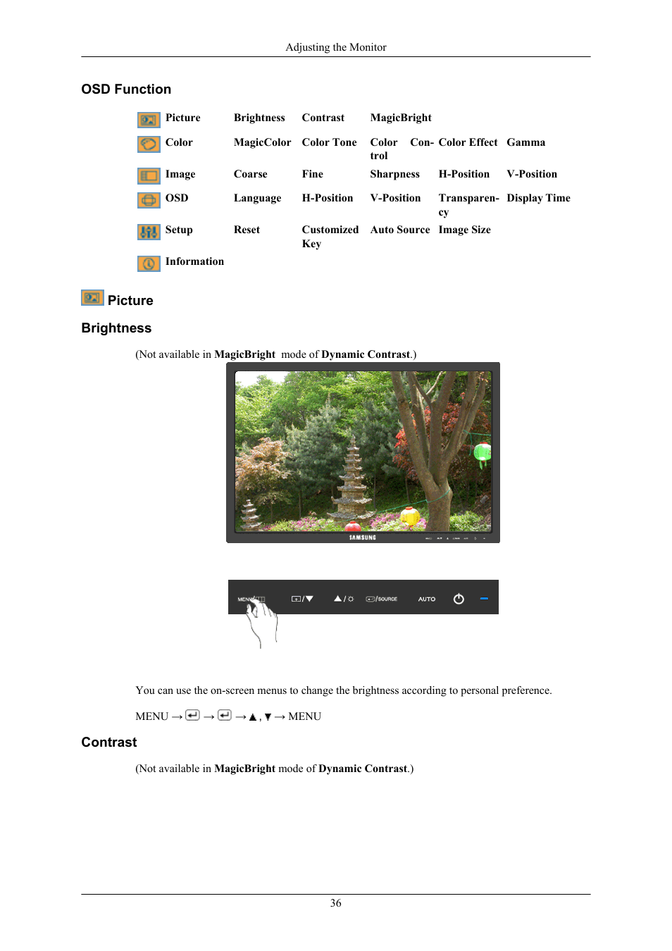 Osd function, Picture, Brightness | Contrast | Samsung 2443BWX User Manual | Page 37 / 74