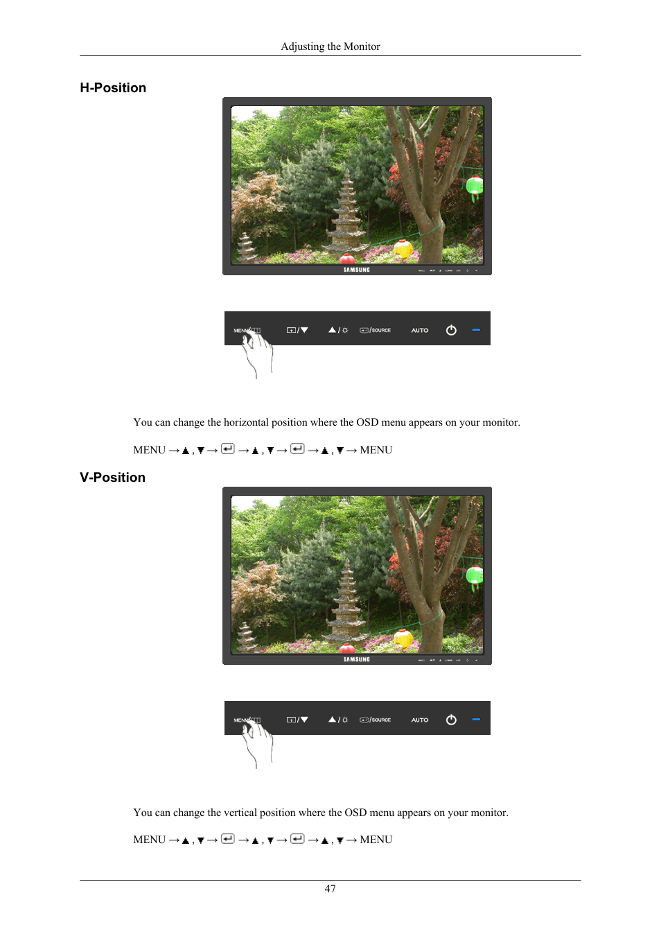 H-position, V-position | Samsung 2443BWX User Manual | Page 48 / 74