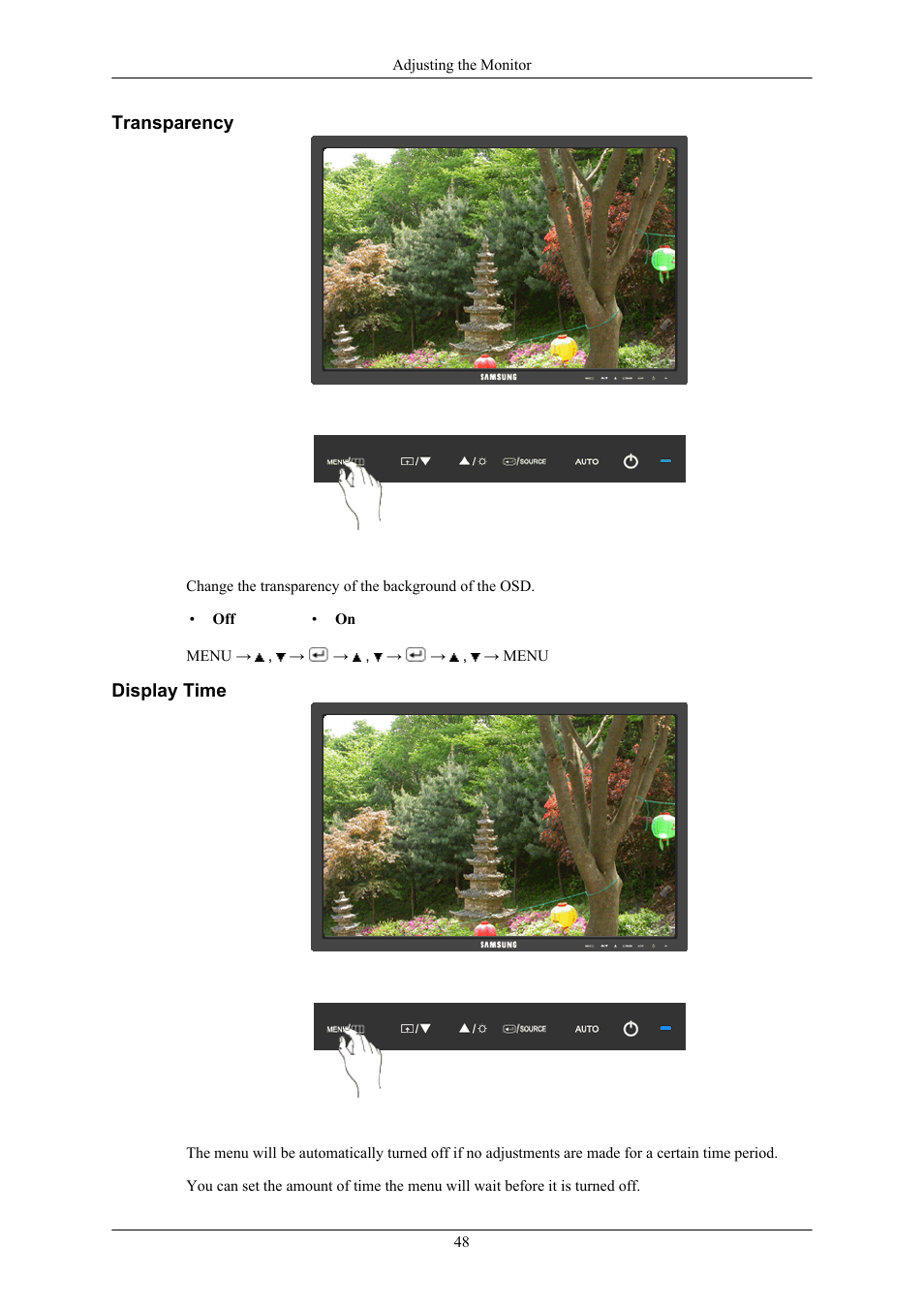 Transparency, Display time | Samsung 2443BWX User Manual | Page 49 / 74