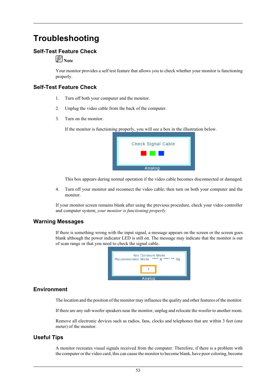 Troubleshooting, Self-test feature check, Warning messages | Environment, Useful tips | Samsung 2443BWX User Manual | Page 54 / 74