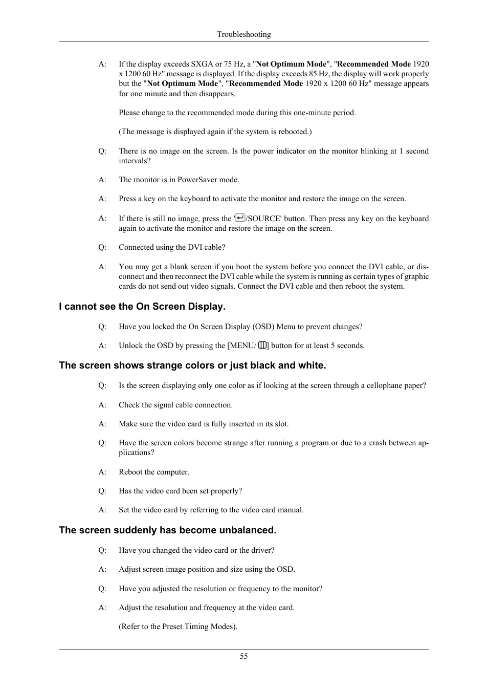 I cannot see the on screen display, The screen suddenly has become unbalanced | Samsung 2443BWX User Manual | Page 56 / 74