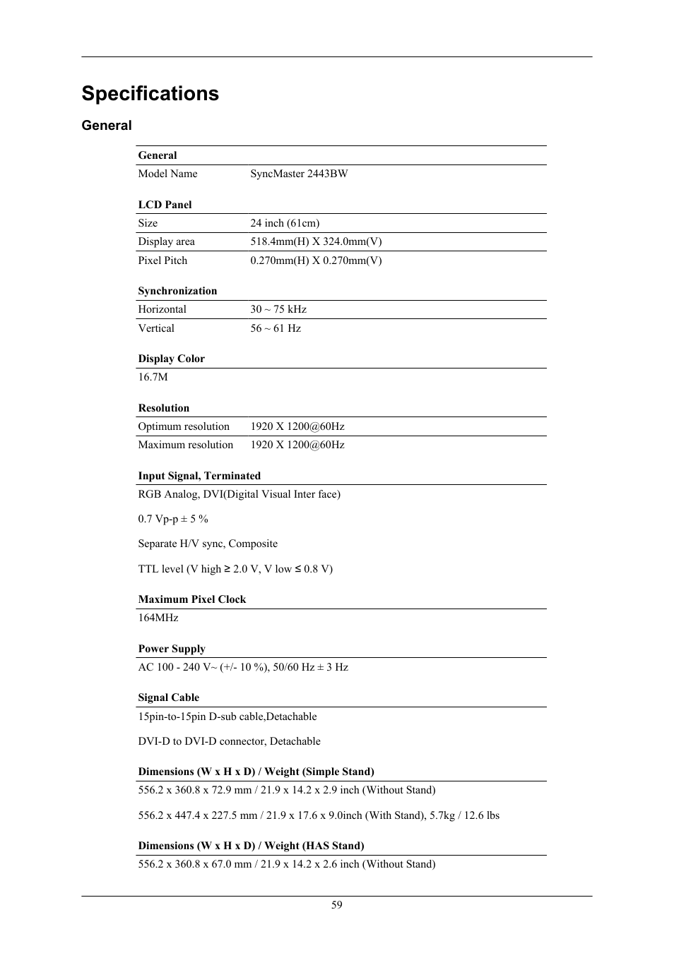 Specifications, General | Samsung 2443BWX User Manual | Page 60 / 74