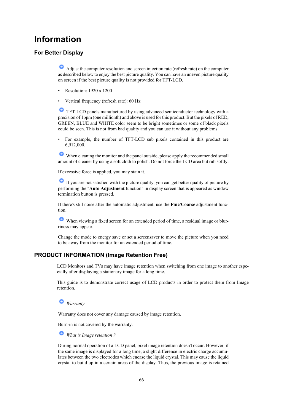 Information, For better display, Product information (image retention free) | Samsung 2443BWX User Manual | Page 67 / 74