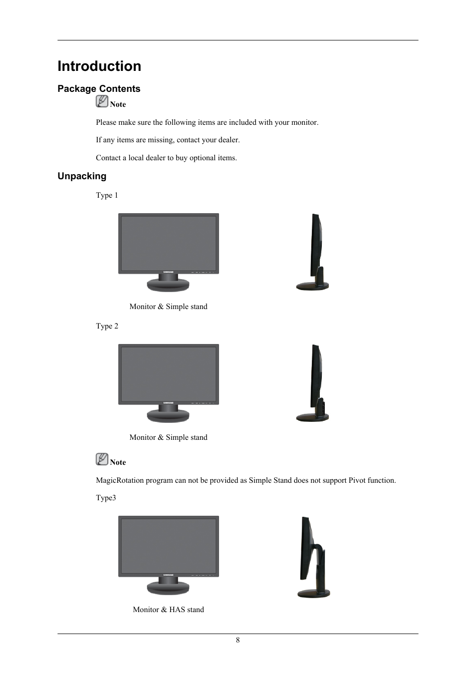 Introduction, Package contents, Unpacking | Samsung 2443BWX User Manual | Page 9 / 74