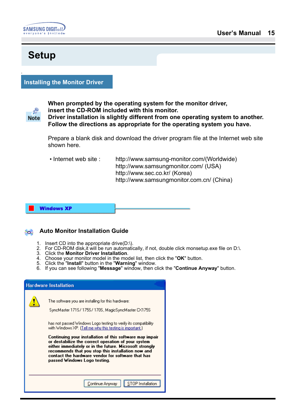 Setup | Samsung 181B User Manual | Page 15 / 65