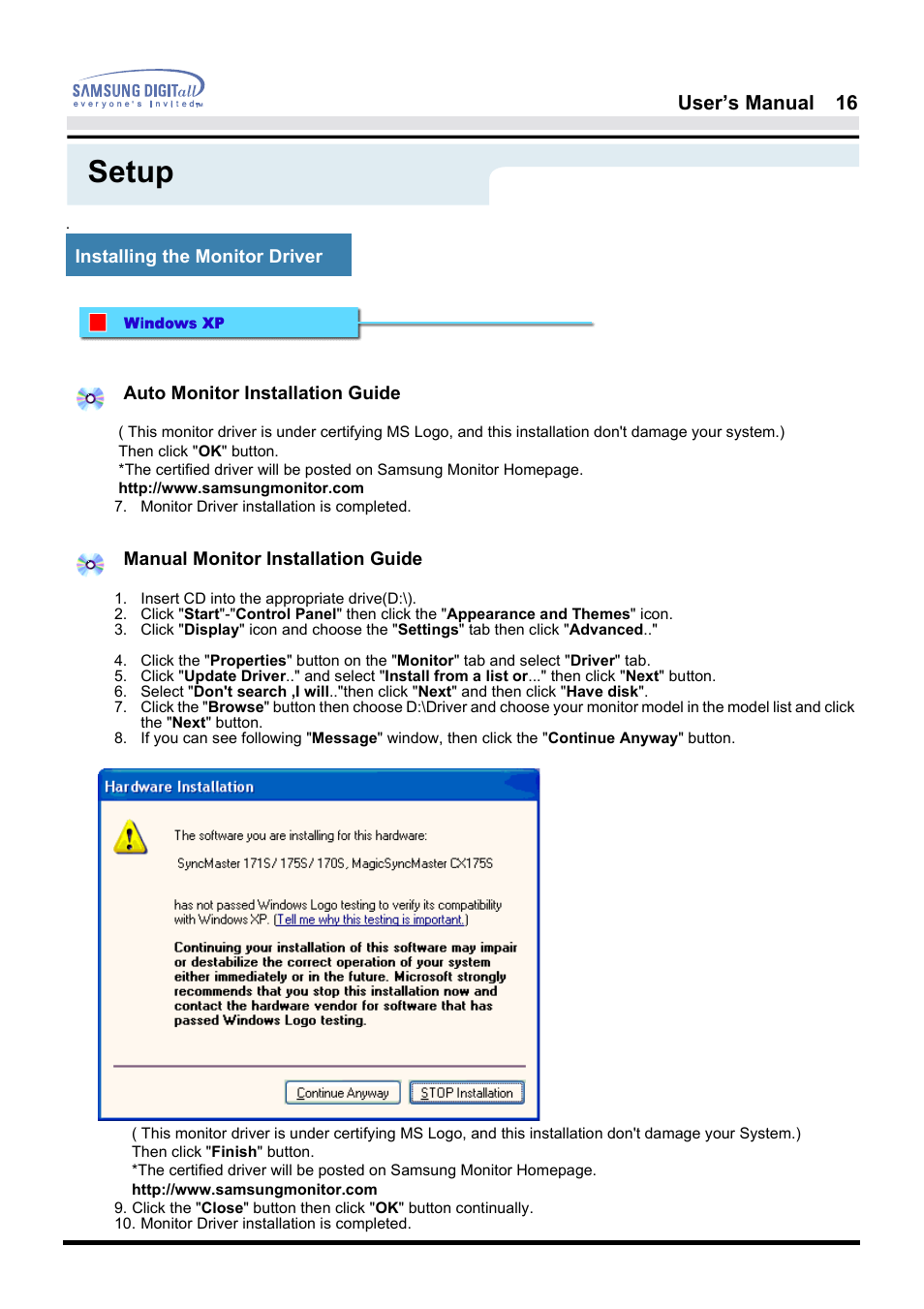 Setup | Samsung 181B User Manual | Page 16 / 65