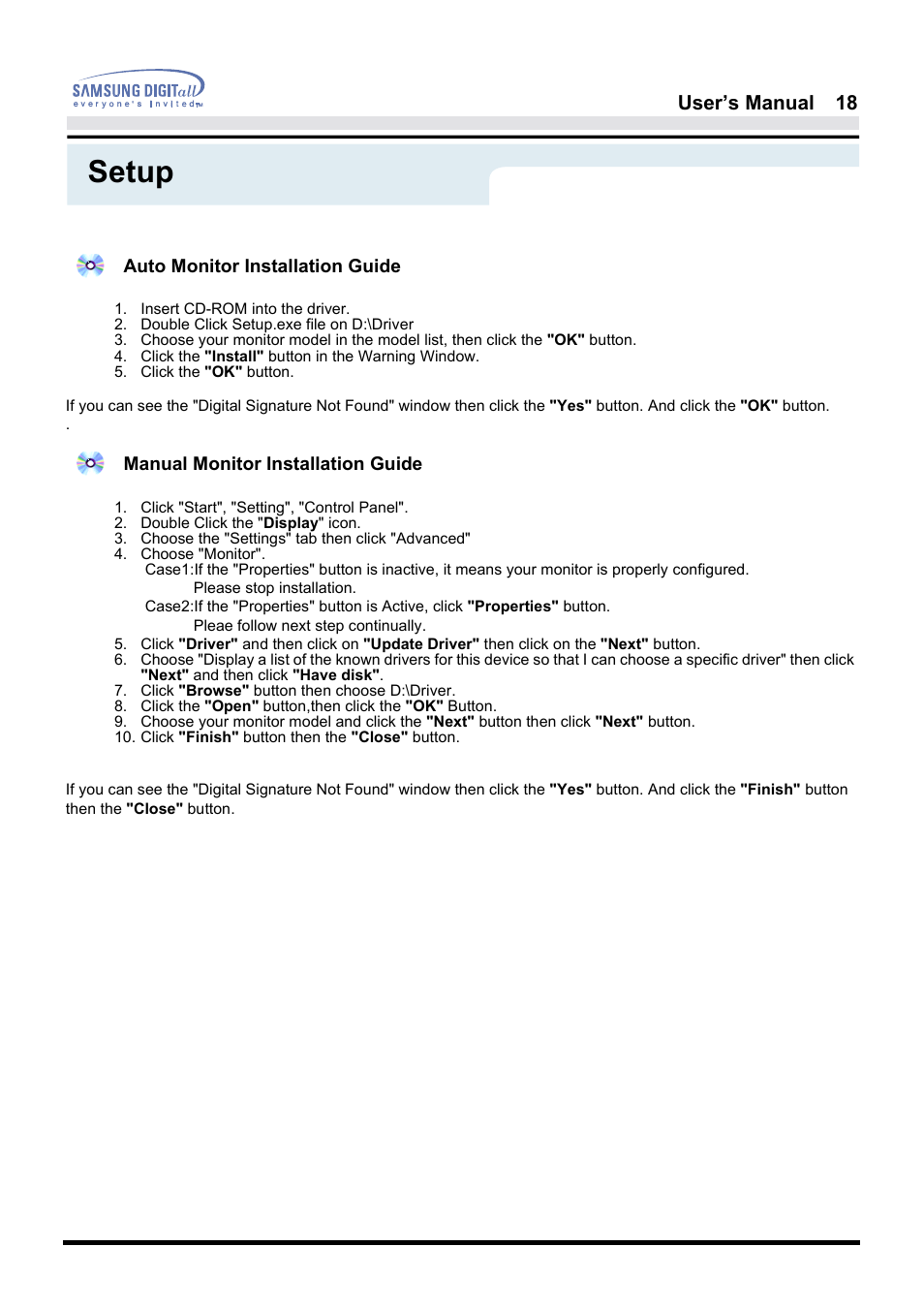 Setup, User’s manual 18 | Samsung 181B User Manual | Page 18 / 65