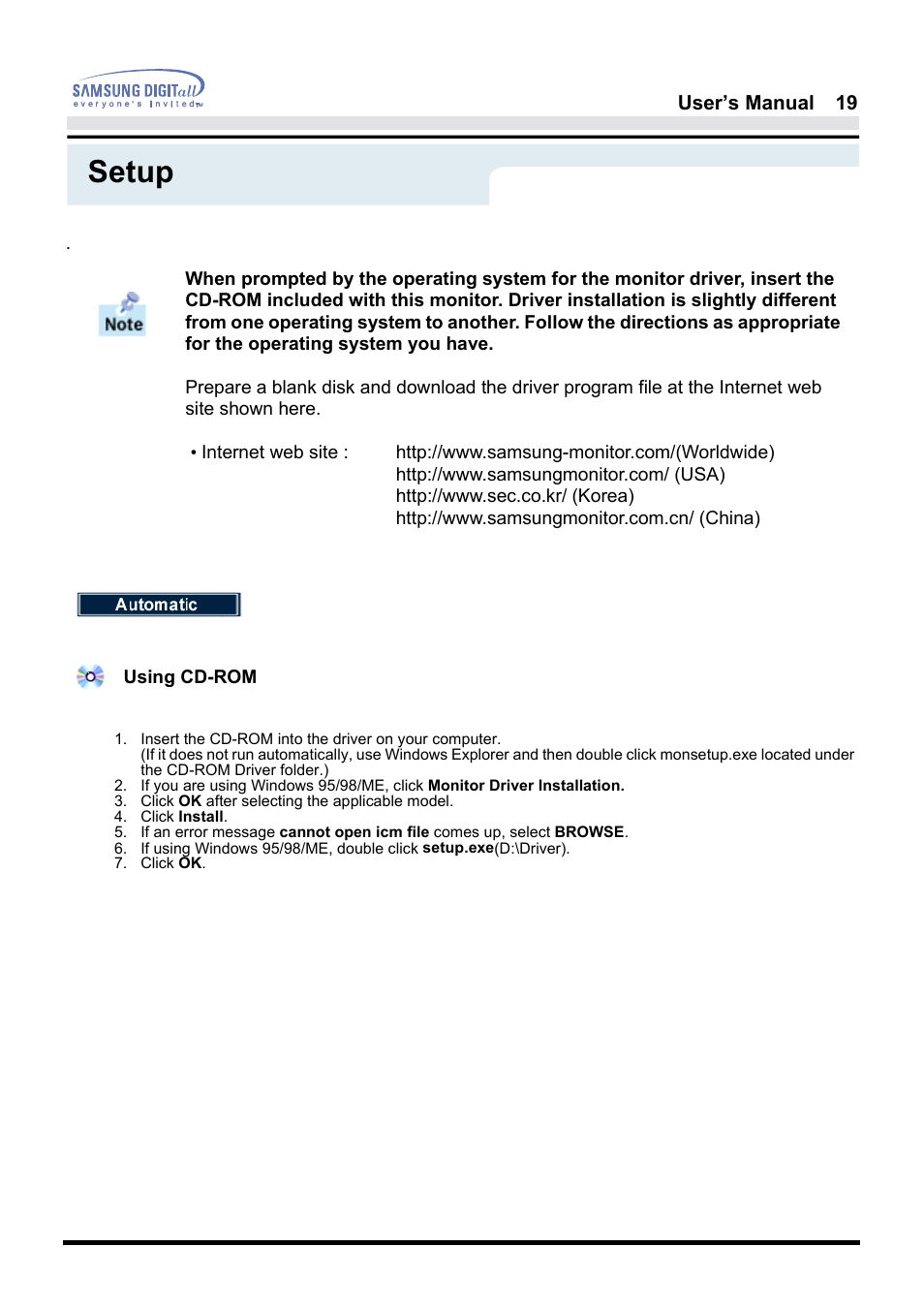 Setup | Samsung 181B User Manual | Page 19 / 65