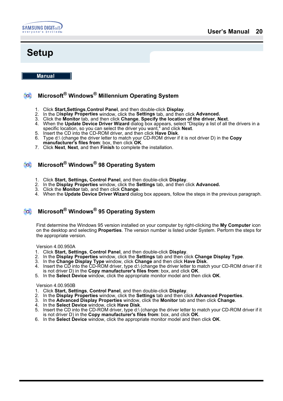 Setup, User’s manual 20 | Samsung 181B User Manual | Page 20 / 65