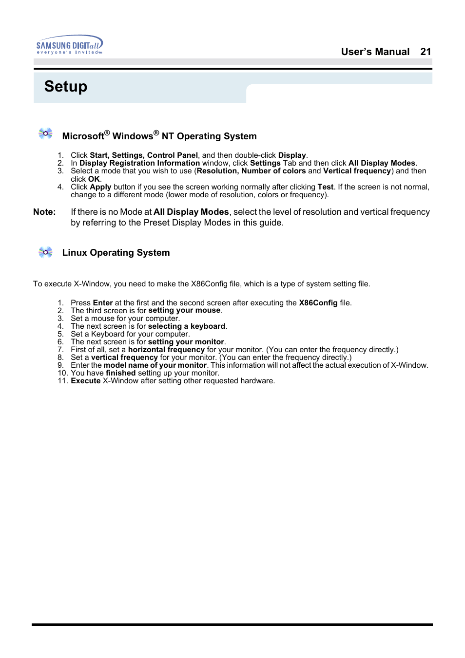 Setup, User’s manual 21 | Samsung 181B User Manual | Page 21 / 65