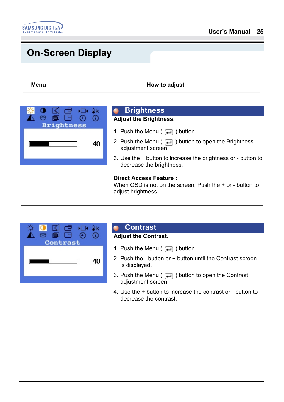 On-screen display, Brightness contrast | Samsung 181B User Manual | Page 25 / 65
