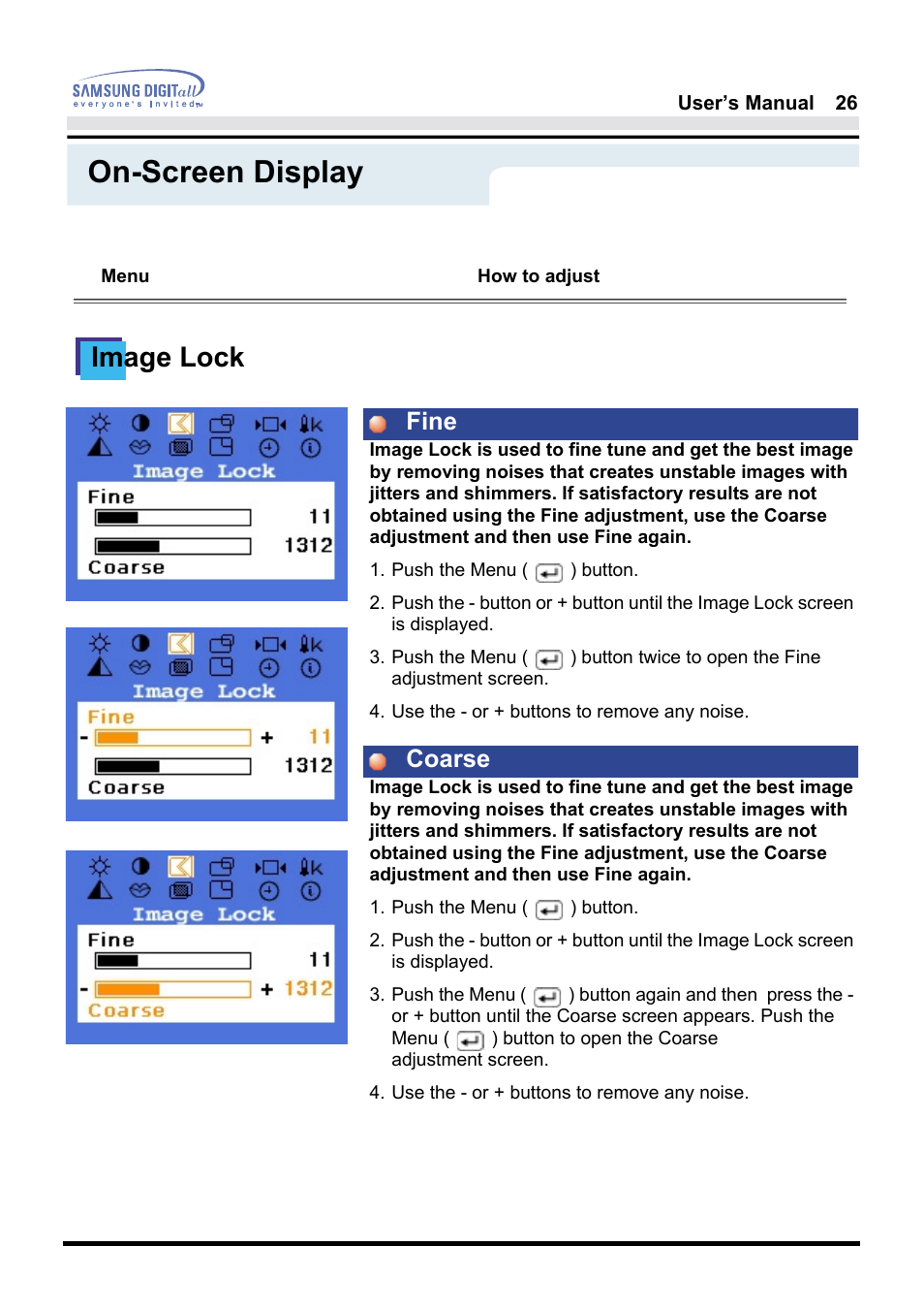 On-screen display, Image lock, Fine coarse | Samsung 181B User Manual | Page 26 / 65