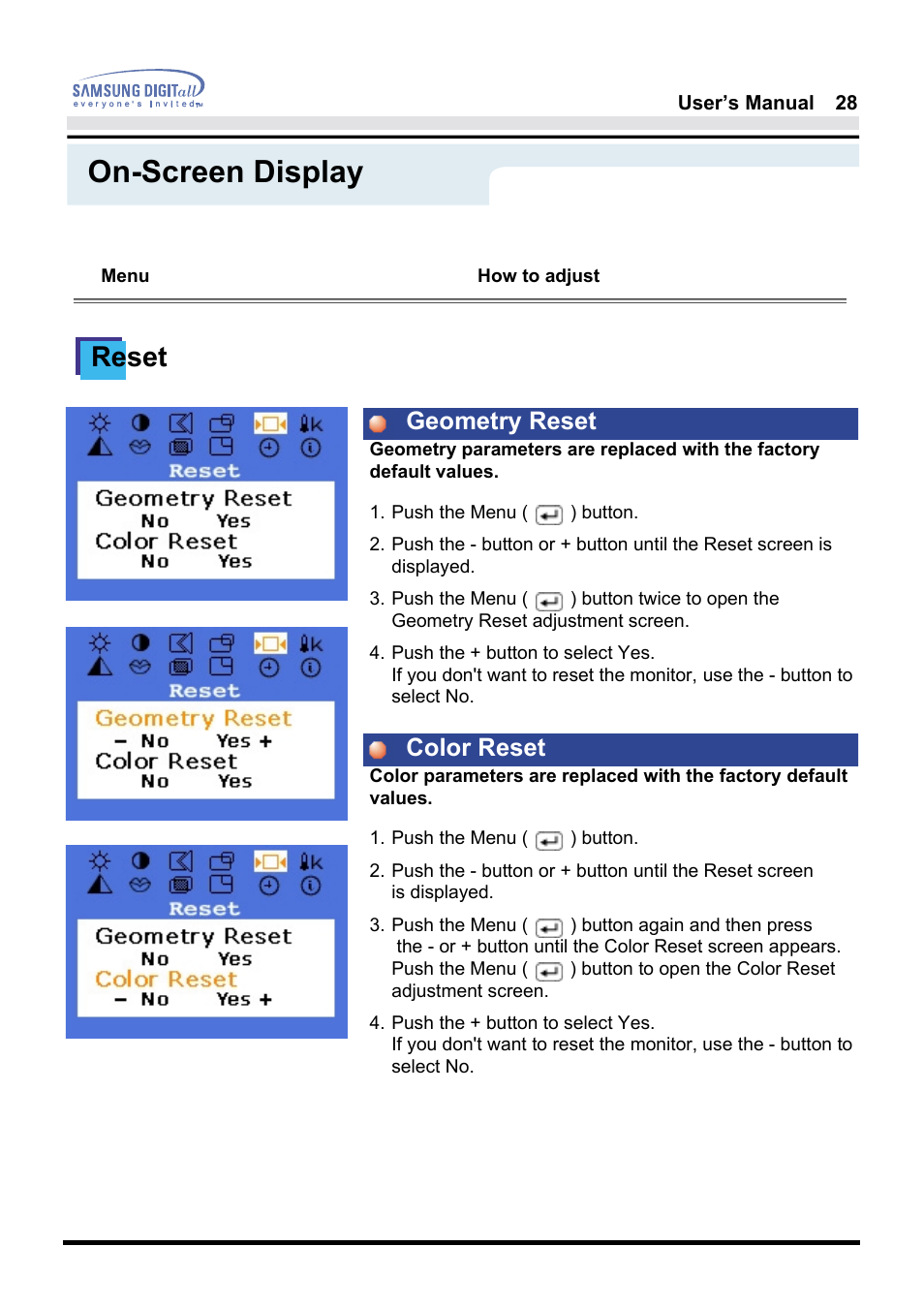 On-screen display, Reset, Geometry reset color reset | Samsung 181B User Manual | Page 28 / 65