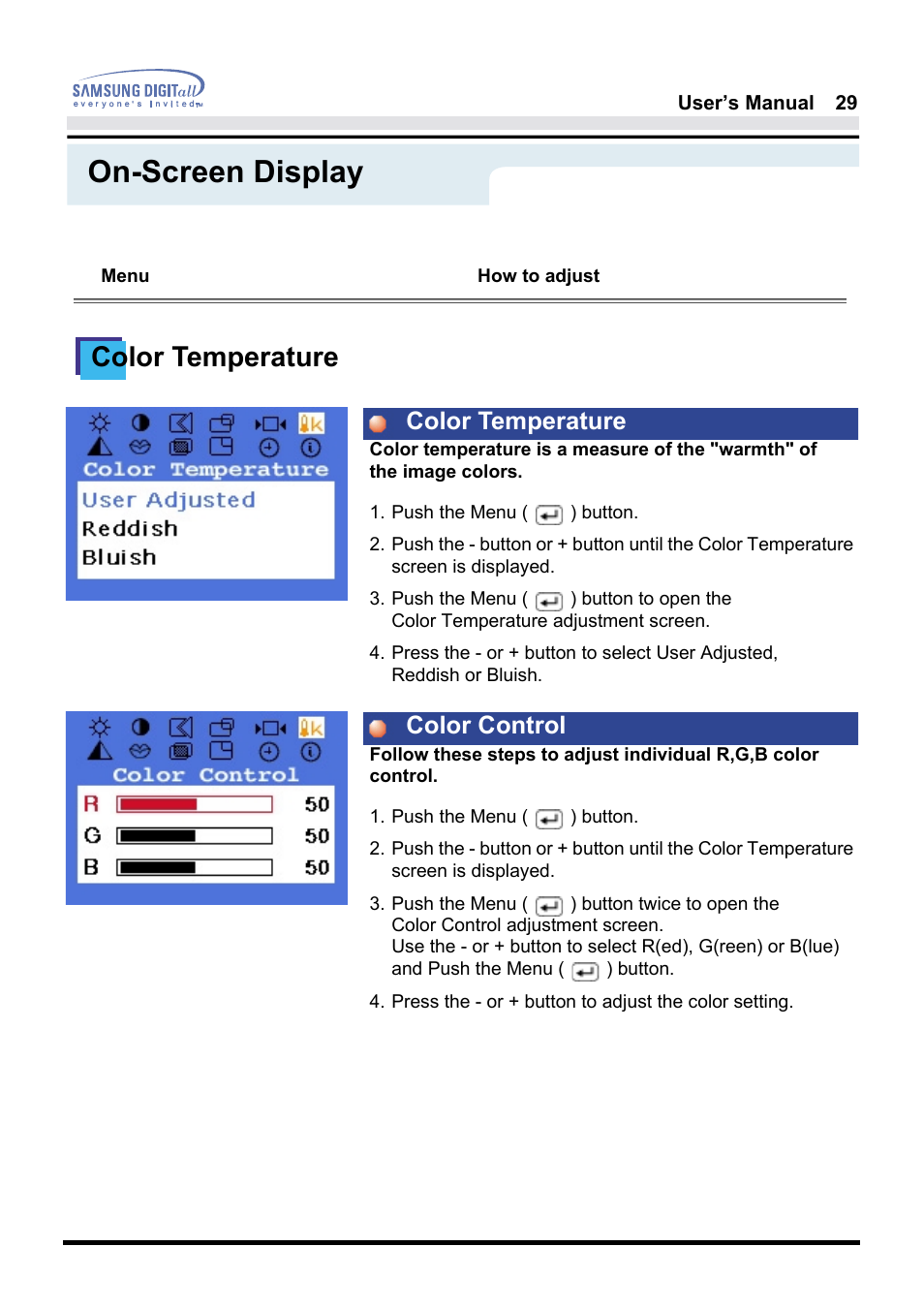 On-screen display, Color temperature, Color temperature color control | Samsung 181B User Manual | Page 29 / 65