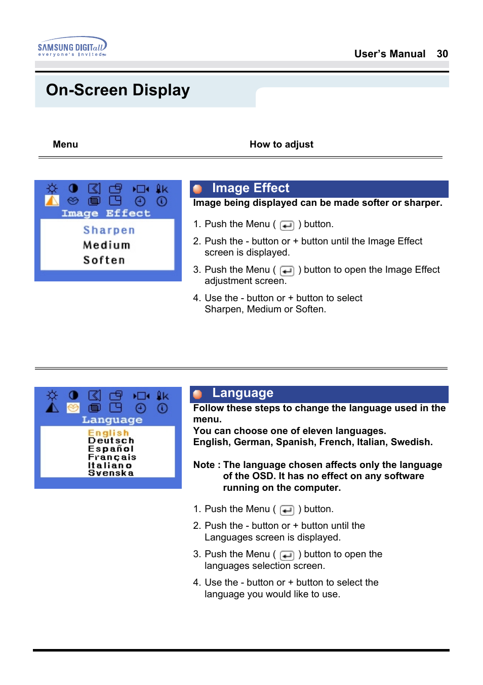 On-screen display, Image effect language | Samsung 181B User Manual | Page 30 / 65