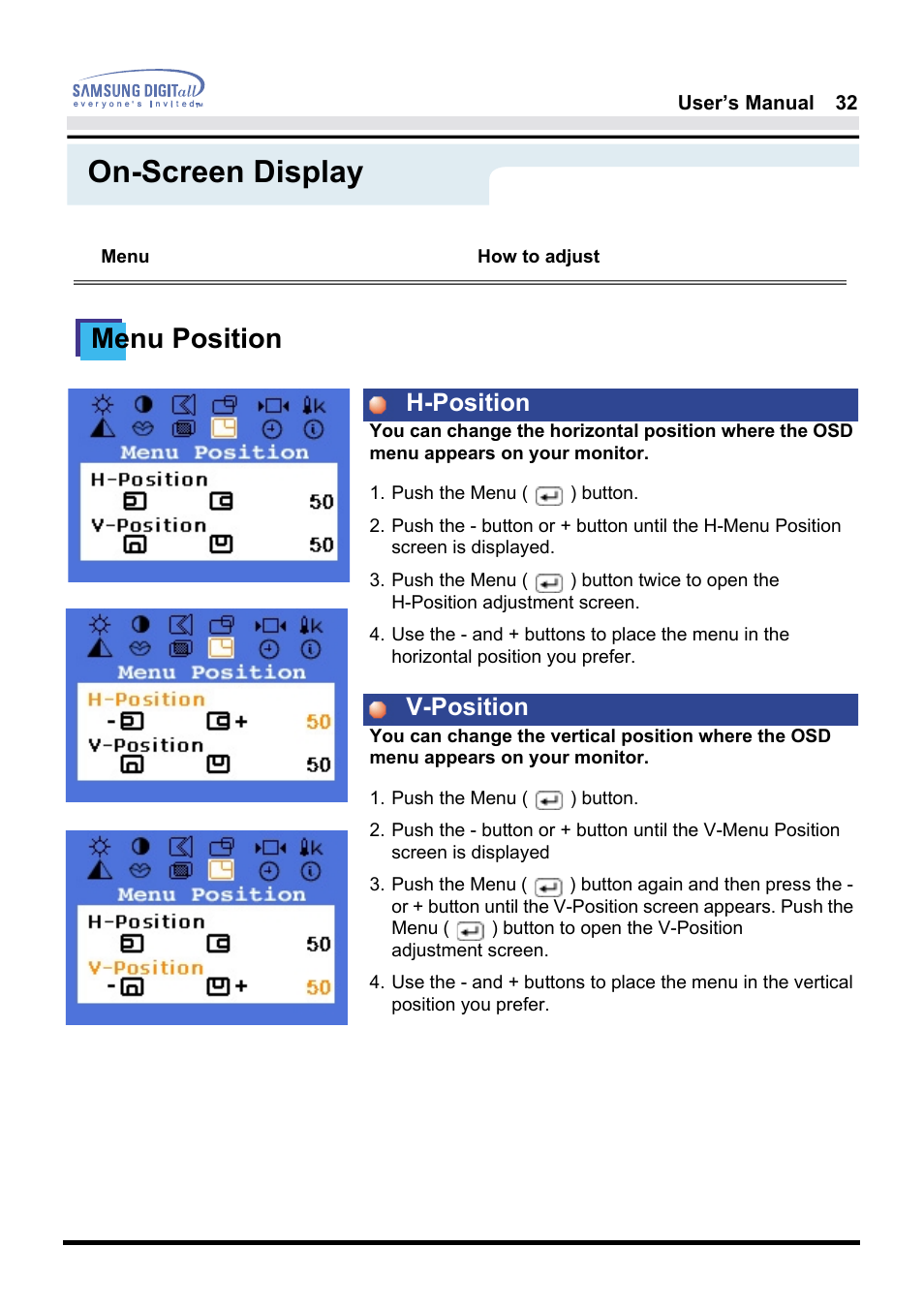 On-screen display, Menu position, H-position v-position | Samsung 181B User Manual | Page 32 / 65
